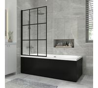 NRG 1700x700mm Acrylic Straight Bath + Grid Square Bath Screen with Front & End Panel Black Bathroom Bathtub