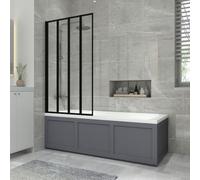 NRG 1700x700mm Bathroom Acrylic Straight Bath Bathtub + Black 4 Panel Folding Bath Screen with Traditional Matte Grey Front & End Panel