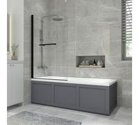NRG 1700x700mm Bathroom Acrylic Straight Bath Bathtub + Black Round Bath Screen with Towel Rail and Traditional Matte Grey Front & End Panel