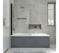 NRG 1700x700mm Bathroom Acrylic Straight Bath Bathtub + Black Square Bath Screen with Towel Rail and Traditional Matte Grey Front Panel