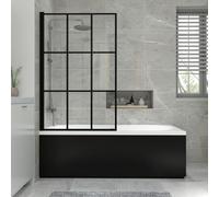 NRG 1700x750mm Acrylic Straight Bath + Grid Square Bath Screen with Front Panel Black Bathroom Bathtub