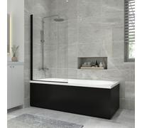 NRG 1800x800mm Acrylic Single Ended Straight Bath + Black Round Bath Screen with Front & End Panel Black Bathroom Bathtub