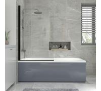 NRG 1800x800mm Acrylic Single Ended Straight Bath + Black Round Bath Screen with Front Panel Grey Bathroom Bathtub