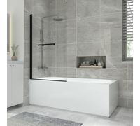 NRG 1800x800mm Acrylic Single Ended Straight Bath + Black Round Bath Screen with Towel Rail and Front & End Panel White Bathroom Bathtub
