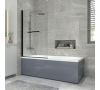 NRG 1800x800mm Acrylic Single Ended Straight Bath + Black Round Bath Screen with Towel Rail and Front & End Panel Grey Bathroom Bathtub