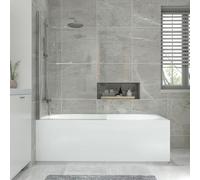 NRG 1800x800mm Acrylic Single Ended Straight Bath + Chrome Round Bath Screen with Towel Rail and Front Panel White Bathroom Bathtub