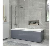 NRG 1800x800mm Acrylic Single Ended Straight Bath + Chrome Round Bath Screen with Towel Rail and Front & End Panel Grey Bathroom Bathtub