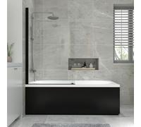 NRG 1800x800mm Acrylic Straight Bath + Black Round Bath Screen with Front Panel Black Bathroom Bathtub