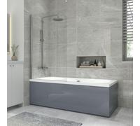NRG 1800x800mm Acrylic Straight Bath + Chrome Round Bath Screen with Front & End Panel Grey Bathroom Bathtub