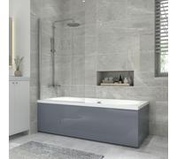 NRG 1800x800mm Acrylic Straight Bath + Chrome Square Bath Screen with Front & End Panel Grey Bathroom Bathtub