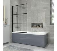 NRG 1800x800mm Acrylic Straight Bath + Grid Square Bath Screen with Front & End Panel Grey Bathroom Bathtub