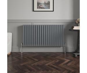NRG 600 x 1180 mm Horizontal Column Radiator Anthracite Double Oval Panel | Designer Radiator Bathroom Central Heating | with One Pair of Free Modern Angle Valves