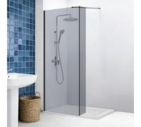 NRG 760mm Grey Wetroom Shower Screen, 1300x800mm White Tray, 300mm Return | Walk in Shower Enclosure, Tall 1950mm, 8mm Easy Clean Glass, Shower Cubicle, Rectangle SMC Tray, Black Frame