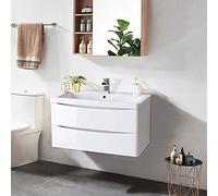 NRG 800mm Gloss White 2 Drawer Wall Hung Bathroom Cabinet Vanity Sink Unit with Basin