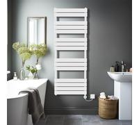 NRG Bathroom Flat Panel Heated Towel Rail Radiator, Includes LCD Screen Thermostatic Electric Heating Element, Modern Central Heating Warmer Wall Mounted Ladder Rad 1600×600mm Gloss White