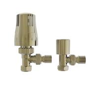 NRG Modern Thermostatic Lockshield Angled Radiator Valves 15mm Central Heating Taps Brushed Brass