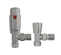 NRG Satin Nickel Angled Thermostatic Valve Bathroom Towel Rail Radiator Valves TRV 15mm Central Heating Taps with Free Lockshield Valve