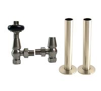 NRG Satin Nickel Angled TRV Lockshield Valve Set with 180mm Pipe | Brass Valve and Pipe Kit, Sleeves and Collars, Easy Cut and Install, 15mm Thermostatic Lockshield Valves, Traditional