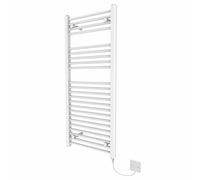 NRG Straight Electric Bathroom Heated Towel Rail Manual Designer Towel Warmer Radiator 1100×500mm Gloss White 250W Flat Wall Mounted Prefilled