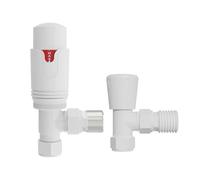 NRG White Angled Thermostatic Valve Bathroom Towel Rail Radiator Valves TRV 15mm Central Heating Taps with Free Lockshield Valve