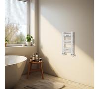 NRG White Heated Towel Rail Curved Designer Bathroom Radiator - 600×300mm | Modern Radiator, Steel, Wall Mounted Ladder Rail, Towel Warmer Central Heating, UK Central Heating Compatible, for Bathroom