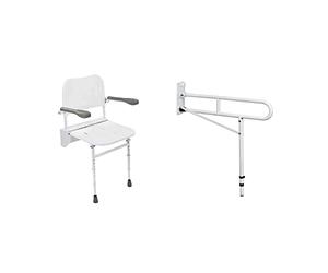 NRS Healthcare Wall Mounted Folding Shower Seat M53370 - with Legs, Back and Arms & M48465 Drop Down Support Rail with Leg, Height Adjustable