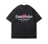 NRSMGTWS Eurovision Song Contest 2025 Washed Cotton T-Shirt Women Men O-Neck Short Sleeve Tee (Black,L)