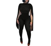 NRTHYE Womens Bodycon Sexy Jumpsuit Ruched Cape Long Sleeve See Through Mesh Pants Rompers Stretch One Piece Clubwear, 00black, M