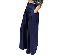 NRTHYE Womens Palazzo Long Pants High Waist Wide Leg Stretchy Loose Fit Casual Trousers with Pocket - blue - Large