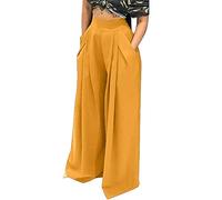 NRTHYE Womens Palazzo Long Pants High Waist Wide Leg Stretchy Loose Fit Casual Trousers with Pocket, 03 Yellow, Large