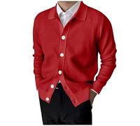 NRUTUP Men's Casual Thin Lightweight Lapel Collar Knitted Cardigan Sweaters Solid Color Long Sleeve Button Down Knit Sweater(Red,X-Large)