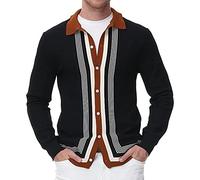 NRUTUP Men's Vintage Striped Long Sleeve Cardigan Sweater Contrast Color Collar Button Down Cable Ribbed Knitted Sweaters(Black,XX-Large)