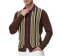 NRUTUP Men's Vintage Striped Long Sleeve Cardigan Sweater Contrast Color Collar Button Down Cable Ribbed Knitted Sweaters(Brown,XX-Large)