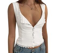 NRVTRE Solid White Sleeveless Shirt with U Neck Lace Edge Sexy Y2K Style Bodycon Vest Button Down Top for Women Summer Parties White Summer Shirt