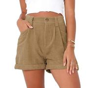 NRVTRE Women's Khaki Corduroy High Rise Shorts with 2 Pockets and Zipper & Button Closure