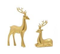 NSdawali 2Pcs Gold Christmas Reindeer Decor, Small Resin Deer Figurines Standing Sitting Mini Reindeer Statues Sculpture Xmas Ornaments for Indoor Home Cabinet Mantle Table Top Centerpiece Decoration