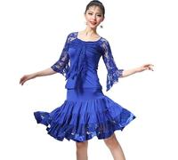 NSHZKQ Lace Latin Dance Dresses Five-Quarter Sleeves Tango Practice Dance Costumes Cha Cha Competition Dancewear,Blue,XL