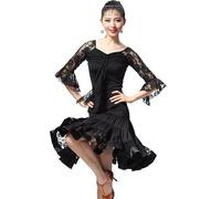 NSHZKQ Lace Latin Dance Dresses Five-Quarter Sleeves Tango Practice Dance Costumes Cha Cha Competition Dancewear,Black,L