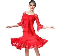 NSHZKQ Lace Latin Dance Dresses Five-Quarter Sleeves Tango Practice Dance Costumes Cha Cha Competition Dancewear,Red,M