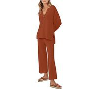 NSICBMNO 2 Piece Lounge Set For Women Full Set Plain Tracksuit Long Sleeve Pajama Set Waffle Knit Jumper Half Button Up Top With Wide Leg Pants Loose Fit Activewear Oversized Loungewear Co Ord Sets