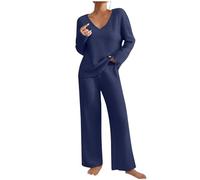 NSICBMNO 2 Piece Outfits Women Co Ords Sets Ribbed Knitted Jumper Long Sleeve Tunic Tops V Neck Blouse Elastic Waist Straight Leg Trousers Travel Outfit Tracksuit For Casual Work Loungewear