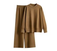 NSICBMNO 2 Piece Outfits Women Knitted Loungewear Sets Oversized Jumpers Crew Neck Sweater Elastic Waist Wide Leg Trousers Airport Outfit Long Sleeve Tops Flared Yoga Pants Casual Co Ord Sets