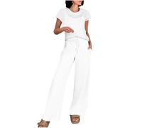 NSICBMNO 2 Piece Outfits Women Lounge Set Crochet Tops Round Neck T Shirts Wide Leg Trousers Drawstring Joggers Summer Co Ord Sets Ladies Airport Outfits Casual Tracksuit For Holiday Beach