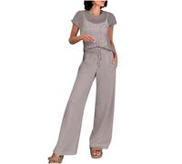 NSICBMNO 2 Piece Outfits Women Lounge Set Crochet Tops Round Neck T Shirts Wide Leg Trousers Drawstring Joggers Summer Co Ord Sets Ladies Airport Outfits Casual Tracksuit For Holiday Beach