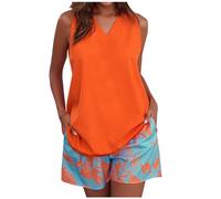NSICBMNO 2 Piece Outfits Women Plus Size Lounge Sets Orange Summer Outfits Oversized Longline Vest Tops Floral Print Shorts Co Ord Sets Casual Loungewear Tracksuits For Nightwear Holiday Dailywear