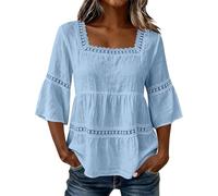 NSICBMNO 3/4 Sleeve Tops for Women UK - Square Neck Top Lace Trim Blouse, Cotton Linen Shirt Ruffle Peplum Top, Tunic Tops Casual Dressy Summer Blouses for Office Work Holiday Beach