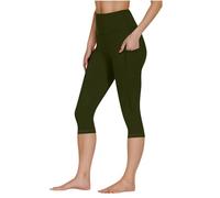 NSICBMNO Army Green Cropped Trousers for Women UK 3/4 Gym Leggings with Pockets Capri Pants High Waisted Tummy Control Yoga Pants Butt Lifting Workout Leggings Lightweight Jogging Bottoms Activewear