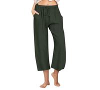 NSICBMNO Army Green Linen Trousers Womens Wide Leg Lounge Pants Elasticated Waist Cropped Trousers Drawstring Sweatpants Cotton Linen Summer Palazzo Pants Ladies Casual Bottoms with Pockets S-3Xl