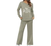 NSICBMNO Army Green Lounge Wear Sets For Women Uk 2 Piece Outfits Yes Im Still Freezing Me 24/7 Sweatshirt Side Split Jumpers Wide Leg Trousers Flared Pants Travel Outfit Airport Set Jogging Suits