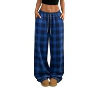 NSICBMNO Baggy Trousers Women Plaid Pyjama Bottoms with Pockets Straight Leg Trousers Elastic Waist Lounge Pants Drawstring Pj Bottoms Palazzo Pants Loose Joggers for Casual Work Loungewear